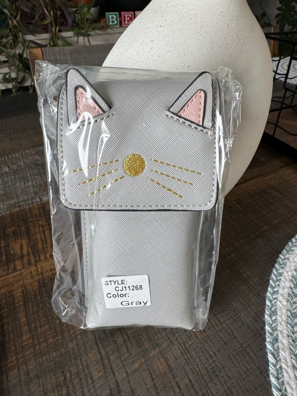 Gray Cat Face Crossbody Pouch with Pink Ear Accents